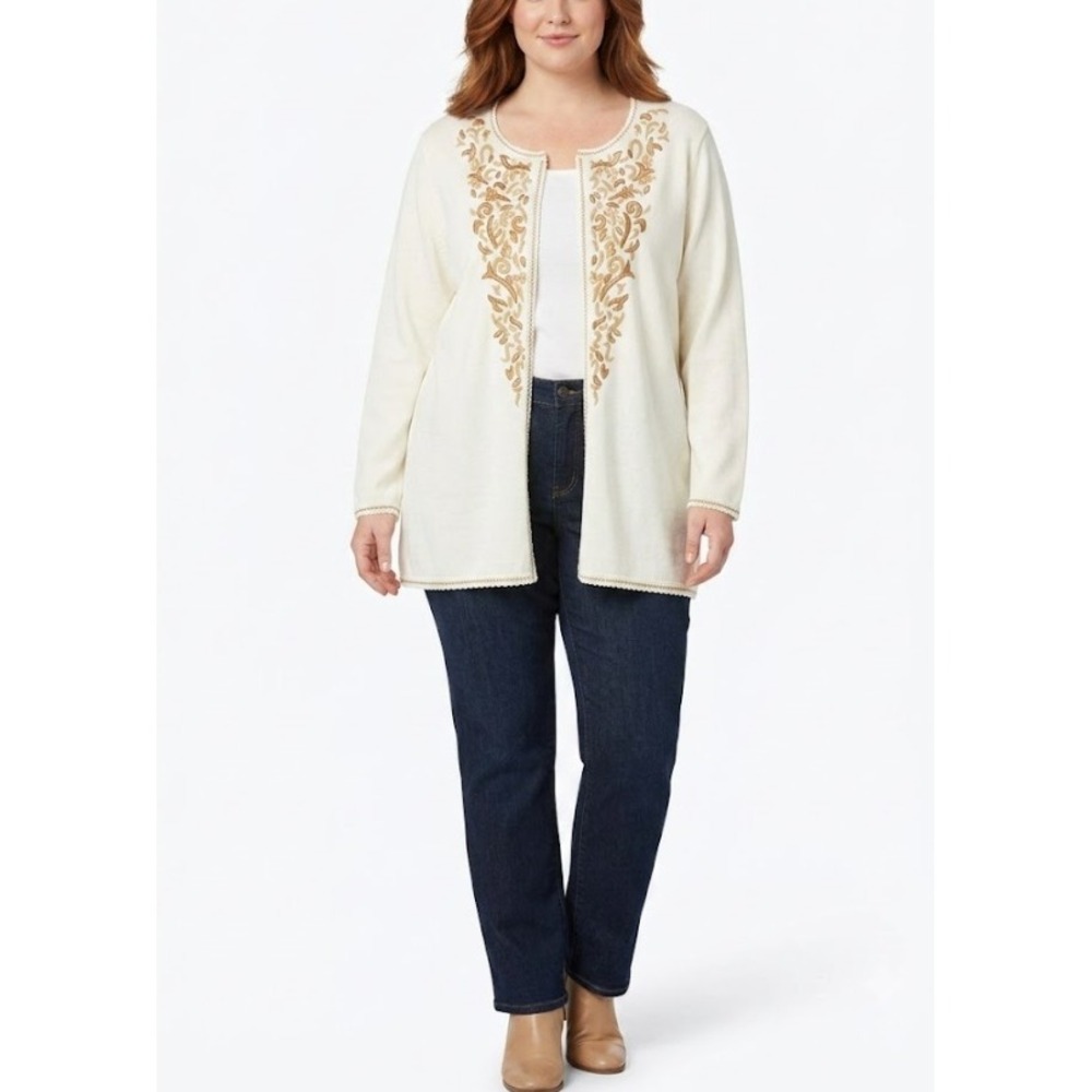 New‎ Coldwater Creek Cardigan XL Imperial Intarsia Embroidered Open Front Knit